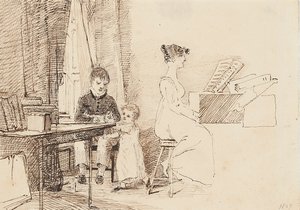 两个孩子和一个女人在钢琴上，1807年 作者 约翰·哈登