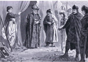 公元 1366 年，伊万·希什曼三世将他的妹妹交给了苏丹穆拉德一世，来自哈钦森出版的哈钦森国家史（第 4 卷），c。 1920 (石版画) 作者 约翰哈里斯瓦尔达
