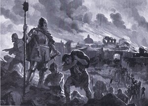 黑伊凡在 1484 年点燃了 Zhabliak，出自哈钦森出版的哈钦森的《民族史》（第 4 卷），c。 1920年（石版画） 作者 约翰哈里斯瓦尔达