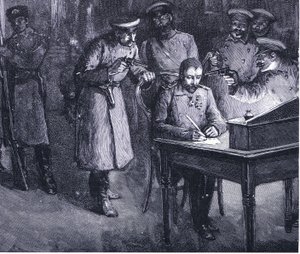 亚历山大王子签署了他的退位1886年，插图来自哈钦森国家历史VOL 4 c.1920s 作者 约翰哈里斯瓦尔达