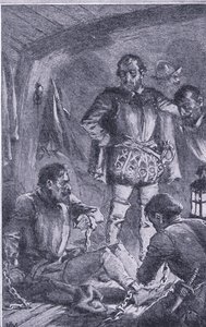 圣地亚哥-派往前去探索，跑上岸并被击毁，Newnes Pictorial Knowledge 由 Newnes 出版，约 1950 年代（石版画） 作者 约翰哈里斯瓦尔达