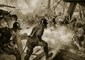 勒班陀战役，插图来自“哈钦森的民族史”，约 1915 年（石版画） 作者 约翰哈里斯瓦尔达