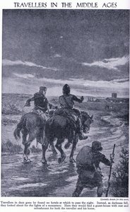 中世纪的旅行者。当黑暗降临时，旅行者会寻找修道院的灯光，c.1950 作者 约翰哈里斯瓦尔达