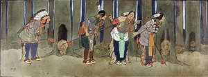 永无岛：红皮人保护孩子们免受海盗袭击，《彼得-潘》插图，约 1906 年 作者 约翰·哈索尔