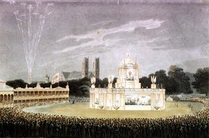 为庆祝拿破仑的失败而在绿色公园举行的烟花表演，由Matthew Dubourg pub刻制。1814年（雕版画