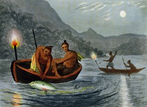 北美的火炬之光钓鱼，由H. Merke雕刻（fl.c.1800-20），由Edward Orme出版，1813年