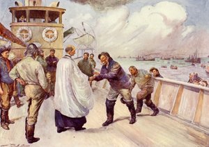 Fishermen of the North Sea fishing fleet assembling for worship (colour litho) 作者 约翰·亨利·弗雷德里克（以下）培根