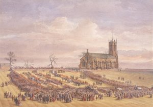 1862年1月26日在埃尔斯登墓地的哈特利煤矿灾害的受害者的埋葬（纸上水彩） 作者 约翰·亨利·伦纳德