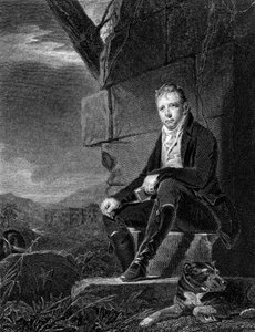 沃尔特·斯科特（Walter Scott），苏格兰诗人和小说家，坐在石头上，伴着狗，1808年
