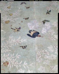 一只红头啄木鸟，从《美国鸟类》中剪下来贴在手绘的中国壁纸上（拼贴） 作者 约翰·詹姆斯·奥杜邦