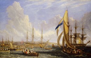 1815 年 8 月，普利茅斯（英格兰）前的海上风光。布面油画 作者 约翰·詹姆斯·沙隆