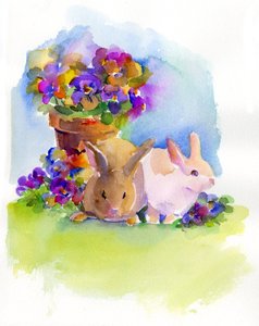 兔子与三色紫罗兰，2014，（水彩） 作者 约翰·基林