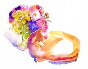 橙色的猫与花，2014年，（水彩）