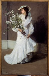 春天春天的寓意：白衣女子与花束的肖像。约翰-拉弗里爵士（1856-1941 年）的画作 作者 约翰·拉维里