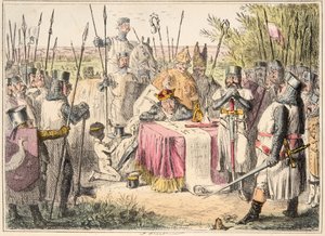 约翰国王签署大宪章，来自英国漫画史，酒吧。 1864年（手工彩色蚀刻）