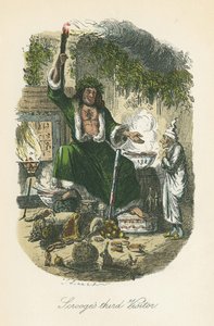 圣诞鬼魂出现在史古治面前。约翰-利奇（1817-64 年）为查尔斯-狄更斯的《圣诞颂歌》绘制的插图，伦敦，1843-1834 年。