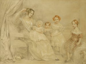 WS Fry夫人和她的四个孩子的画像：艾玛，威利，朱莉和乔治娜，坐在室内，1840年 作者 约翰·林内尔