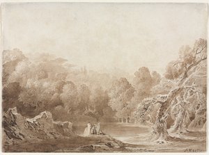 1820年，一名男子与其他人物在湖边弹奏竖琴。 作者 约翰·马丁