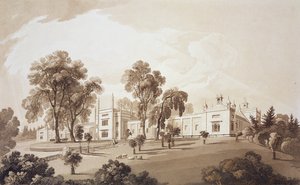 农舍的视图与屏幕到马厩和农场建筑到Sezincote House，由Frederick Christian Lewis Snr雕刻。 （1779-1856），c.1817-18（sepia aquatint） 作者 John Martin