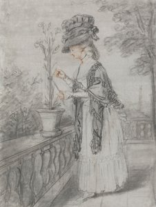露台上照料康乃馨植物的女士 作者 约翰·拉斐尔·史密斯