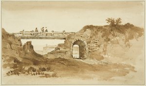 新监狱对面加冕路上的临时桥，约 1821 年（纸上铅笔和棕褐色水洗）