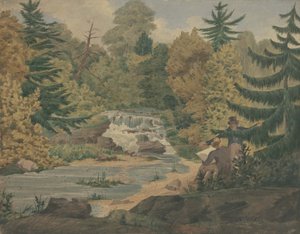 Sawkill河上的第二瀑布景观，1840年（编织纸上的水彩和墨水）