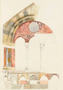 布罗莱托之窗，科莫：彩色速写，展示镶嵌大理石的方法，1869 年 8 月？ （水彩和体色在编织纸上的石墨上） 作者 约翰·拉斯金