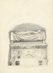 Cangrande I della Scala 墓的石棺和雕像，维罗纳，1869 年 5 月 21 日至 7 月 1 日（编织纸上的石墨、水彩和体色） 作者 约翰·拉斯金