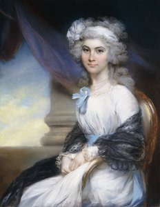 Sophia Vansittart小姐的肖像，四分之三长，穿着白色连衣裙，About发的白丝带，黑色披肩披在肩膀上，坐在古典柱子旁，