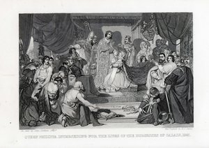 菲利普皇后（Queen Philippa）为加来的Burghers的生活辩护，1347年，1882年 作者 约翰·萨顿