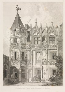诺曼底建筑古迹》（第二卷）， Pl.64：鲁昂 Pucelle 广场上的房屋 作者 J and A Arch、Cornhill 和 JS Cotman