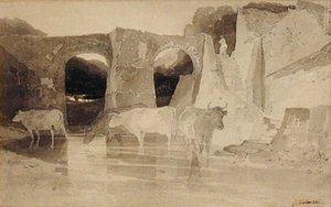 桥和牛（纸上水墨画）（笔和墨）。 作者 约翰·塞尔·科特曼