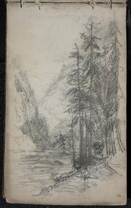 山地景观与树木，1871年至72年（石墨在黑暗的白色编织纸上） 作者 约翰·辛格·萨金特