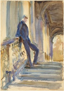 内维尔-威尔金森爵士在威尔顿府的帕拉迪奥桥的台阶上 作者 John Singer Sargent
