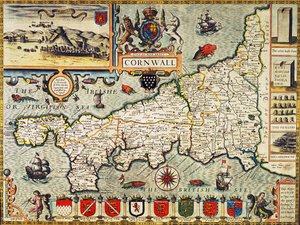 康沃尔郡的地图，来自&39;英国帝国剧院&39;，酒吧。在伦敦由George Humble，1627年版（手工彩色雕刻）