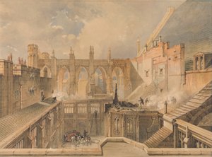 1834 年 10 月 16 日大火后早晨的议会大厦圣斯蒂芬教堂残骸景观 作者 小约翰·泰勒