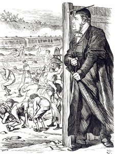 一幅描绘威廉·弗农·哈考特 (William Vernon Harcourt)（1827-1904 年）的漫画，当内政大臣建议引入桦树而不是拘留少年犯时。 由约翰·坦尼尔 (John Tenniel，1820-1914 年) 绘制，他是一位英国插画家、图形幽默家、 作者 约翰·坦尼尔