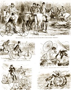 A cartoon depicting a man hunting on a tricycle. Illustrated by John Tenniel (1820-1914) an English illustrator, graphic humourist, and political cartoonist 作者 约翰·坦尼尔
