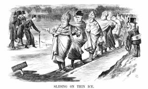 English converts to Rome including Newman, skating on thin ice while, on left, Pusey and his Anglo-Catholic 
