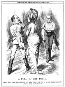 Franco-Prussian War 1870-1871: Britannia trying to restrain Napoleon III embarking on war with Germany. French declaration delivered to Berlin 19 July, proclamation 23 July. John Tenniel cartoon from Punch, London, 23 July 1870. Engraving 作者 约翰·坦尼尔