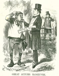 Great Autumn Manoeuvre: Gladstone thought that eventually the vote must be given to agricultural labourers (Hodge). At this time his premiership was shaky and Disraeli is waiting to take his place. John Tenniel cartoon from Punch, London, 9 August 1873. 作者 约翰·坦尼尔