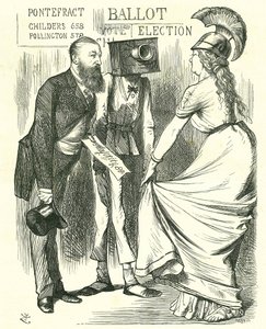 Hugh Childers (1827-1896) 英国议员，告诉不列颠尼亚新投票箱的成功。 1872 年 8 月 24 日，伦敦，《Punch》中的 John Tenniel 卡通。 作者 约翰·坦尼尔