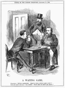 Lord Randolph Churchill (left) trying to make Charles Stewart Parnell, Irish politician, show his hand and let Churchill and Hartington know how he will use Parnellite votes he commands in House of Commons. John Tenniel cartoon from Punch 18 September 1886 作者 约翰·坦尼尔