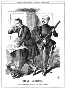 Napoleon III (1808-1873), Emperor of France 1852-1870, and Otto von Bismarck (1808-1783), Chancellor of Prussia, carving up Europe. Their conflicting ambitions led to the Franco-Prussian War of 1870-1871. John Tenniel cartoon from Punch, London, 28 July 18 作者 约翰·坦尼尔