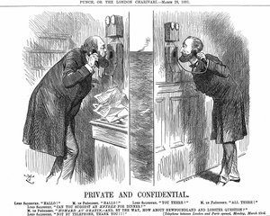 Opening of the Anglo-French telephone line. The British Prime Minister (Lord Salisbury) in conversation with the French President (Sadi Carnot). John Tenniel cartoon from Punch, London 28 March 1891. Wood engraving. 作者 约翰·坦尼尔
