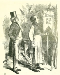 Political Economy: Reform of Parliament - extension of the franchise. Disraeli (Chancellor) and Derby (Prime Minister) dusting off the Reform Bill. In 1867 Disraeli introduced a new bill. John Tenniel cartoon from Punch, London 作者 约翰·坦尼尔