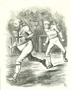 The Finish: General Election 1886. Gladstone (Liberal) went to the country over his Home Rule for Ireland bill. Salisbury (Conservative opposition) beats Gladstone to the finishing line . John Tenniel cartoon from Punch, London 作者 约翰·坦尼尔