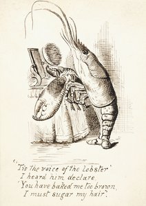 龙虾，梳子在梳妆台前，爪子里梳着毛，有四行诗句，约1865年（钢笔和棕色墨水） 作者 约翰·坦尼尔