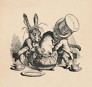 疯帽匠和游行者试图将睡鼠放入茶壶中，1889年 作者 约翰·坦尼尔