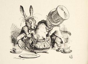 Mad Hatter和March Hare把睡鼠放在茶壶里，来自Alices Adventures in Wonderland的Lewis Carroll（1832  -  98），酒吧。 1891年 作者 约翰·坦尼尔